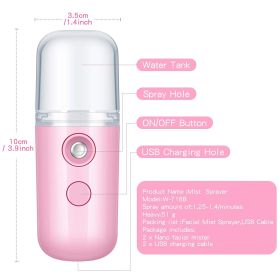 Portable Nano Facial Mist - Handy Steamer for Hydrating and Mist Hand Eyelash Extensions - 30ml USB Mist Handy Steamer for Facial Hydrating (Color: Pink)